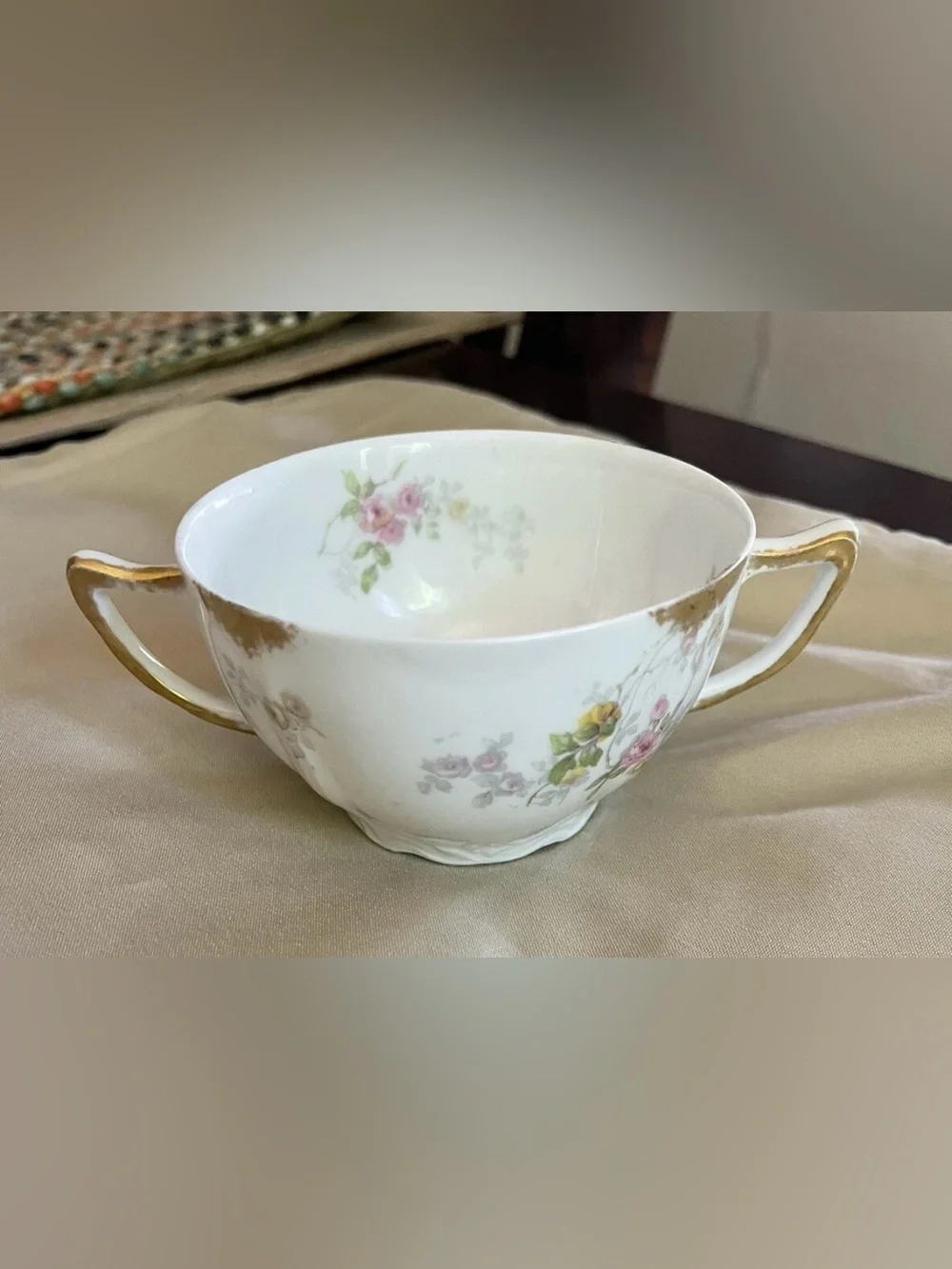 Antique Limoges France floral rose double handled bouillon/soup cup